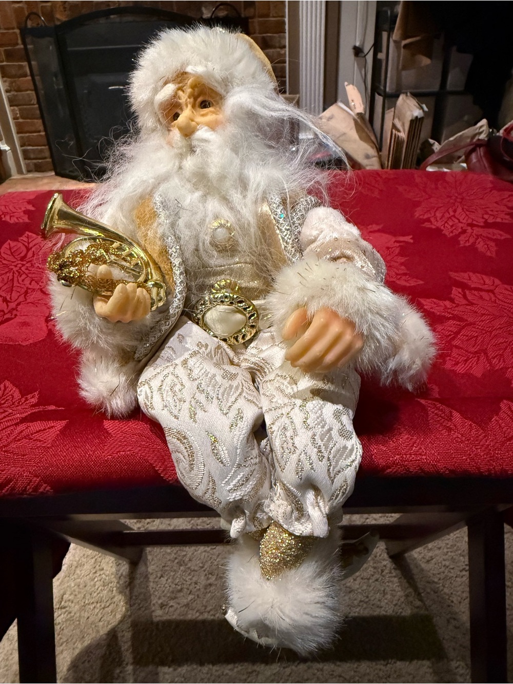 Vintage Winward Holidays White & Gold Brocade Santa Shelf Sitter Figurine